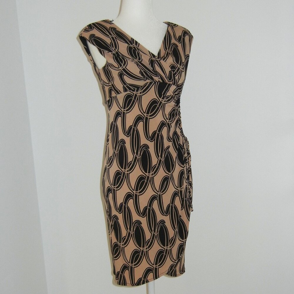 Fitted Black and Tan London Times Side Ruched Wrap Dress, Size 4P